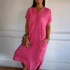 Damen Viskose-Leinen Kleid mit tiefem V-Ausschnitt und praktischen Taschen R&B