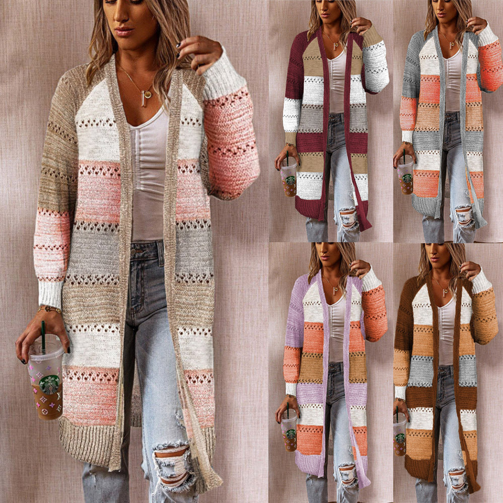Damen Langer Strickcardigan mit kunstvollem Streifenmuster und luftiger Struktur R&B