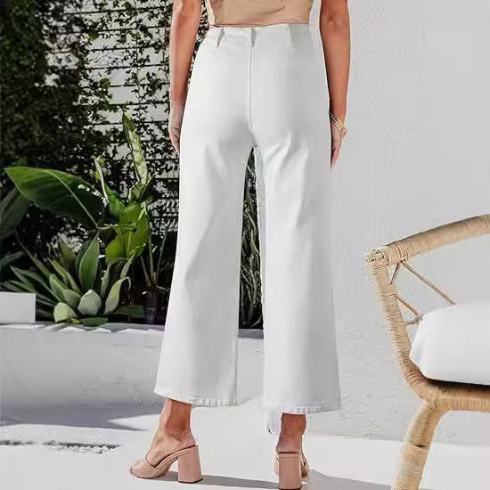 Damen High-Waist Jeans mit Knopfdetail und weitem Bein R&B