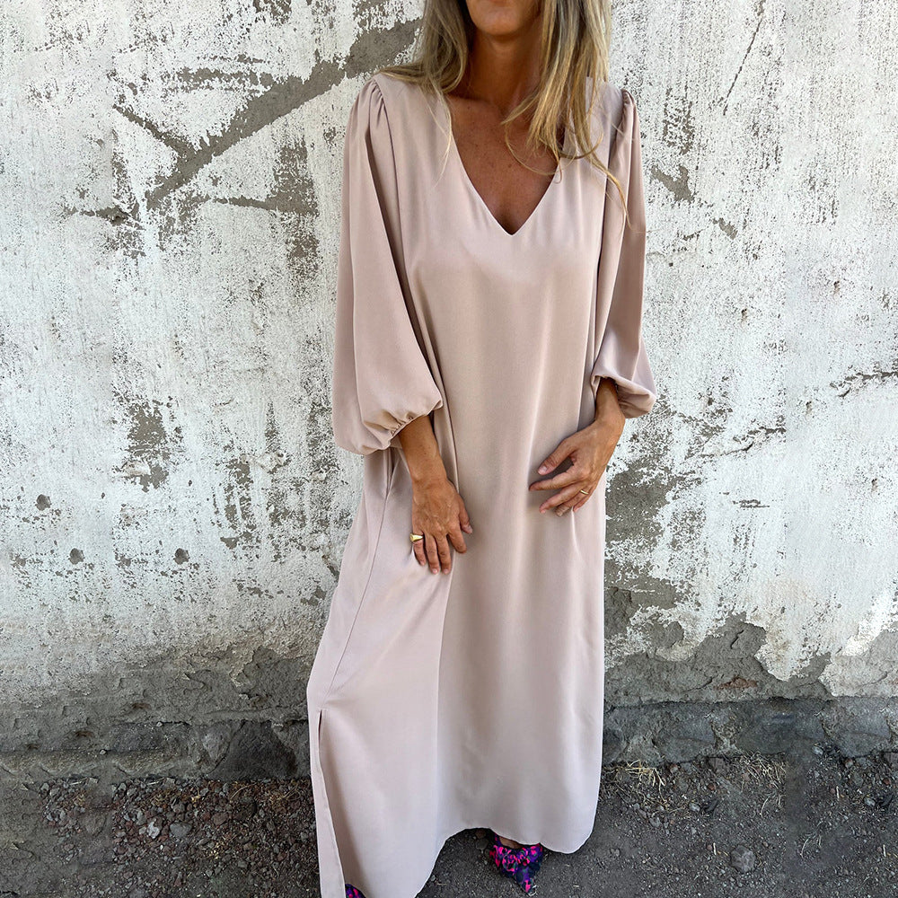 Damen Elegantes Maxikleid mit V-Ausschnitt und Taschen R&B