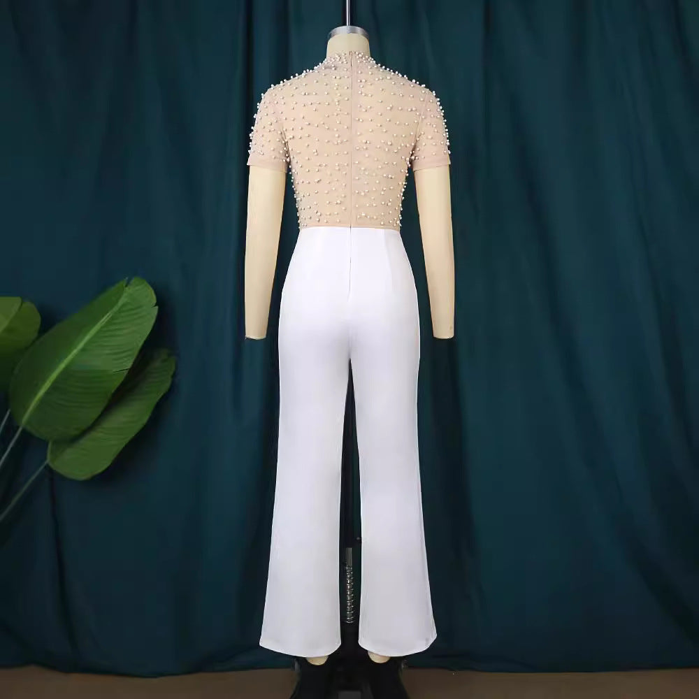 Damen eleganter Jumpsuit mit glitzernden Perlenakzenten R&B