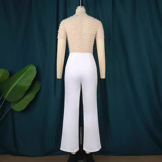 Damen eleganter Jumpsuit mit glitzernden Perlenakzenten R&B