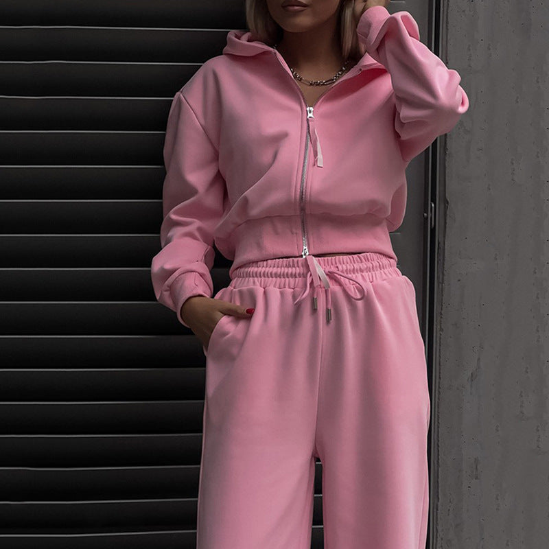 Damen sportliches Fleece-Set mit hochgeschlossenen Kapuze und verstellbarem Bund R&B