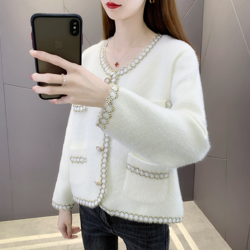 Damen Elegante und luxuriöse Strickjacke mit Perlenverzierungen R&B
