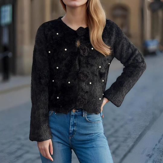 Damen Strickjacke mit floralen Applikationen und perlverzierter Detail R&B