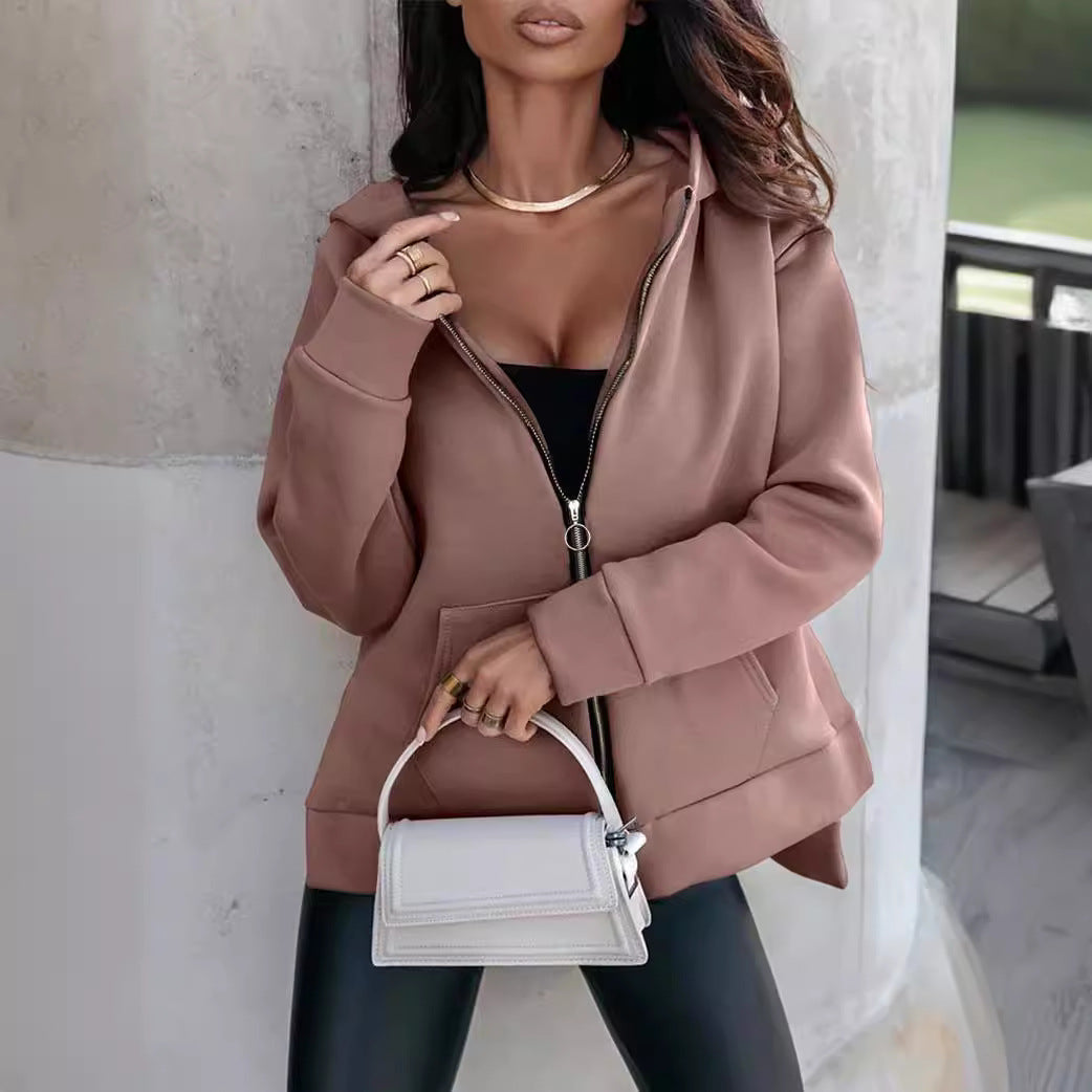 Damen Modischer Kapuzen-Zip-Hoodie mit praktischen Taschen und glänzendem Reißverschluss R&B