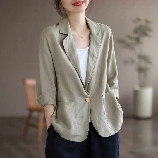 Damen Lässiger Leinenblazer mit breiten Ärmeln und Knopfverschluss R&B