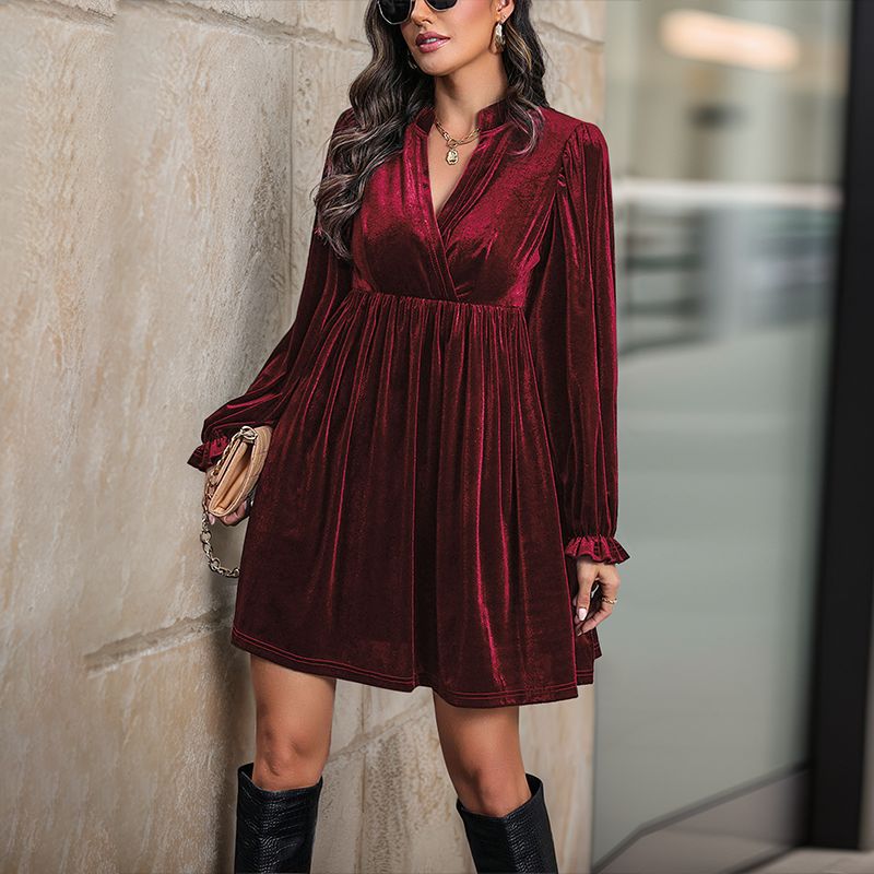 Damen elegantes Samtkleid mit tiefem V-Ausschnitt und Puffärmeln R&B