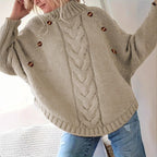 Damen Lockere Strickpullover mit hohem Kragen und dekorativen Knöpfen R&B