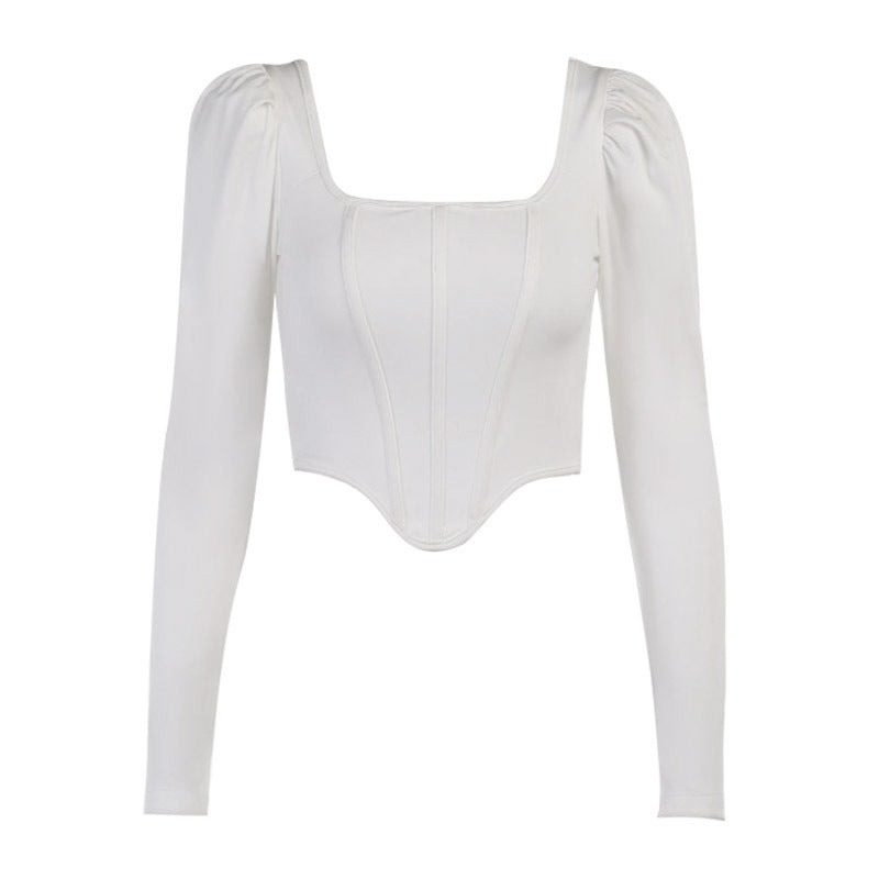 Damen tailliertes Oberteil mit eleganten Puffärmeln und quadratischem Ausschnitt R&B