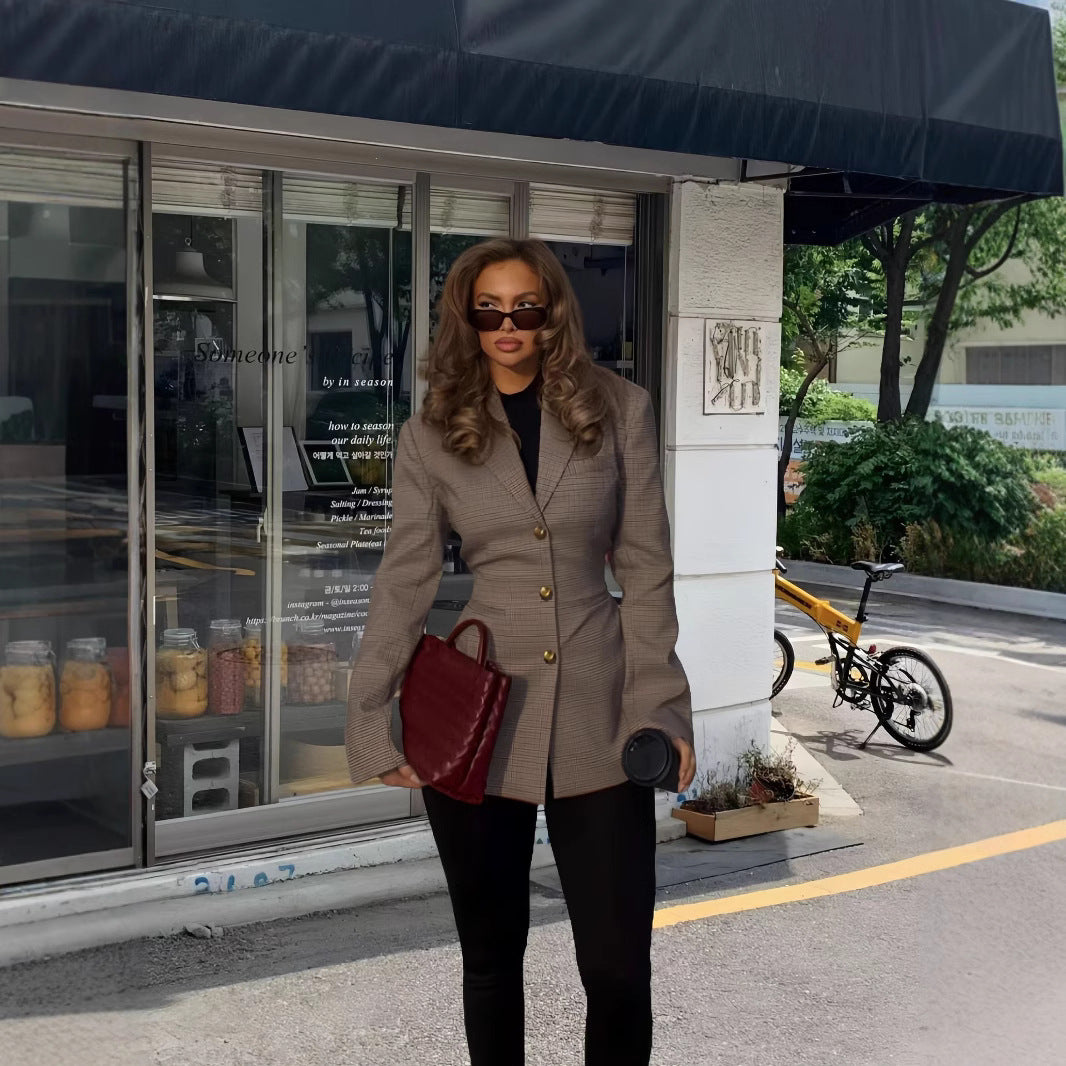 Damen Elegante Karojacke mit strukturiertem Schnitt und Goldknöpfen R&B