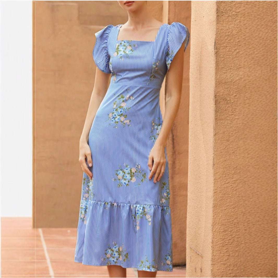 Damen Maxikleid mit floralem Streifenmuster und taillierter Silhouette R&B