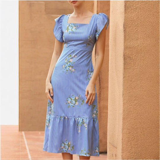 Damen Maxikleid mit floralem Streifenmuster und taillierter Silhouette R&B
