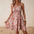 Damen Blumenkleid mit Spaghetti-Trägern und Rüschensaum R&B