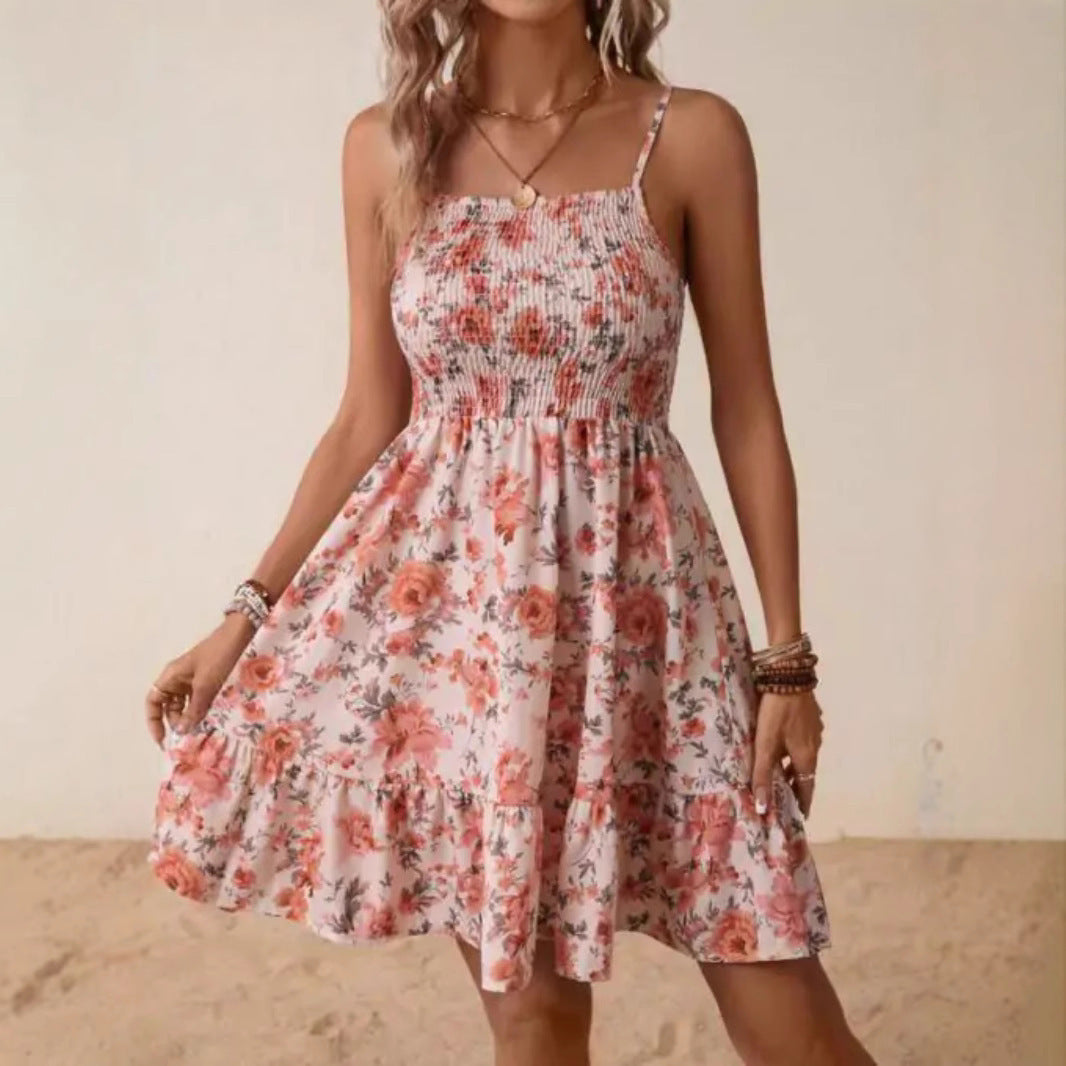 Damen Blumenkleid mit Spaghetti-Trägern und Rüschensaum R&B