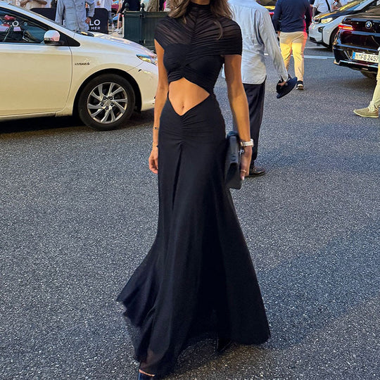 Damen Elegantes Maxikleid mit Raffungen und durchsichtigem Oberteil R&B
