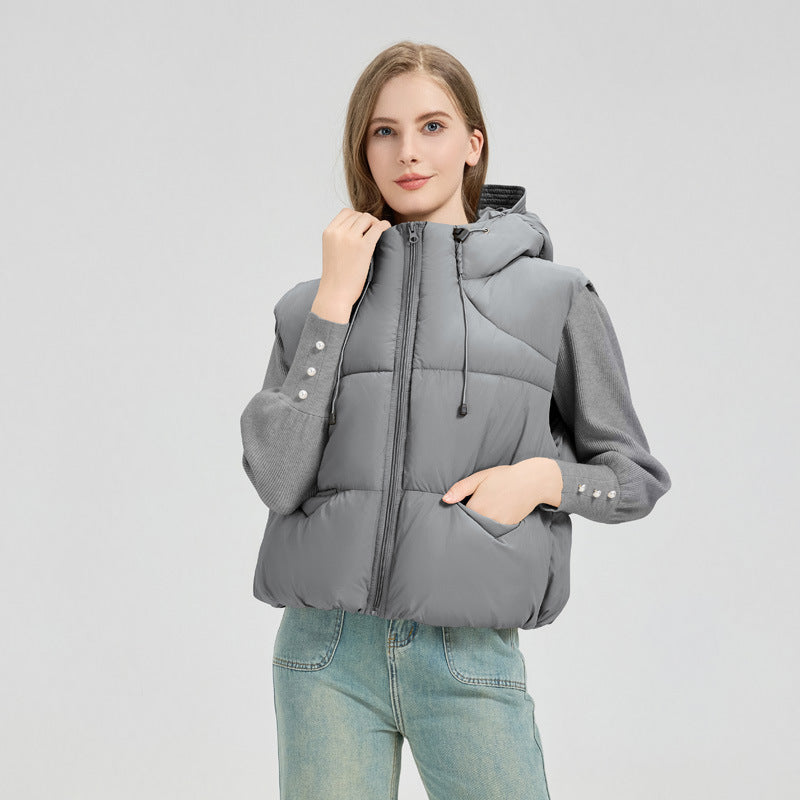 Damen gesteppte Weste mit abnehmbarer Kapuze und seitlichen Eingrifftaschen R&B