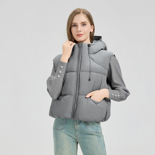 Damen gesteppte Weste mit abnehmbarer Kapuze und seitlichen Eingrifftaschen R&B