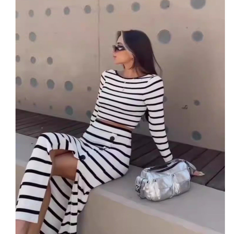 Damen modisches Zweiteiler-Set mit gestreiftem Crop-Top und langer Rock R&B