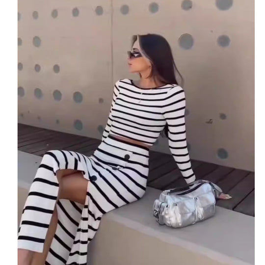 Damen modisches Zweiteiler-Set mit gestreiftem Crop-Top und langer Rock R&B