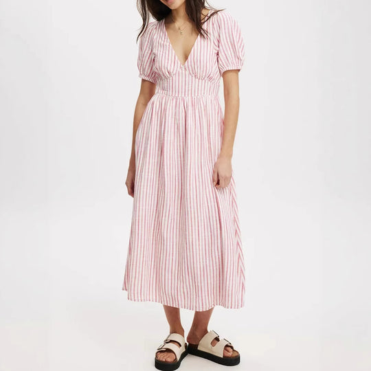 Damen Maxikleid mit V-Ausschnitt und Puffärmeln R&B
