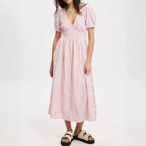 Damen Maxikleid mit V-Ausschnitt und Puffärmeln R&B