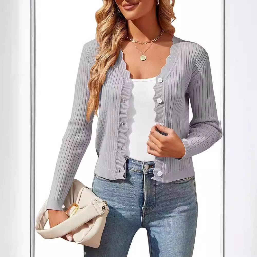 Damen elegante Strickjacke mit Wellenkante R&B