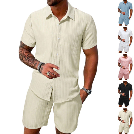 Herren nan luftiges Kurzarm-Hemd mit offenem Revers und passender Freizeishorts aus strukturierter Baumwollmischung R&B