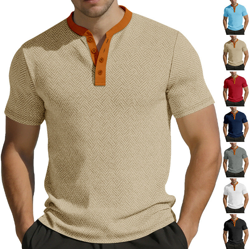 Herren nan schlankes Kurzarm-Henley-Poloshirt mit Mandarin-Kragen und feiner Jacquardstruktur R&B