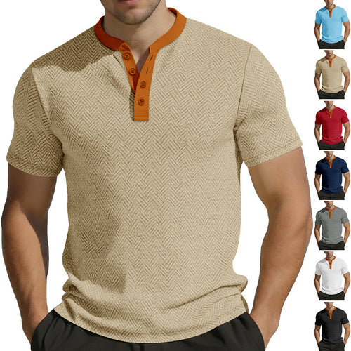 Herren nan schlankes Kurzarm-Henley-Poloshirt mit Mandarin-Kragen und feiner Jacquardstruktur R&B