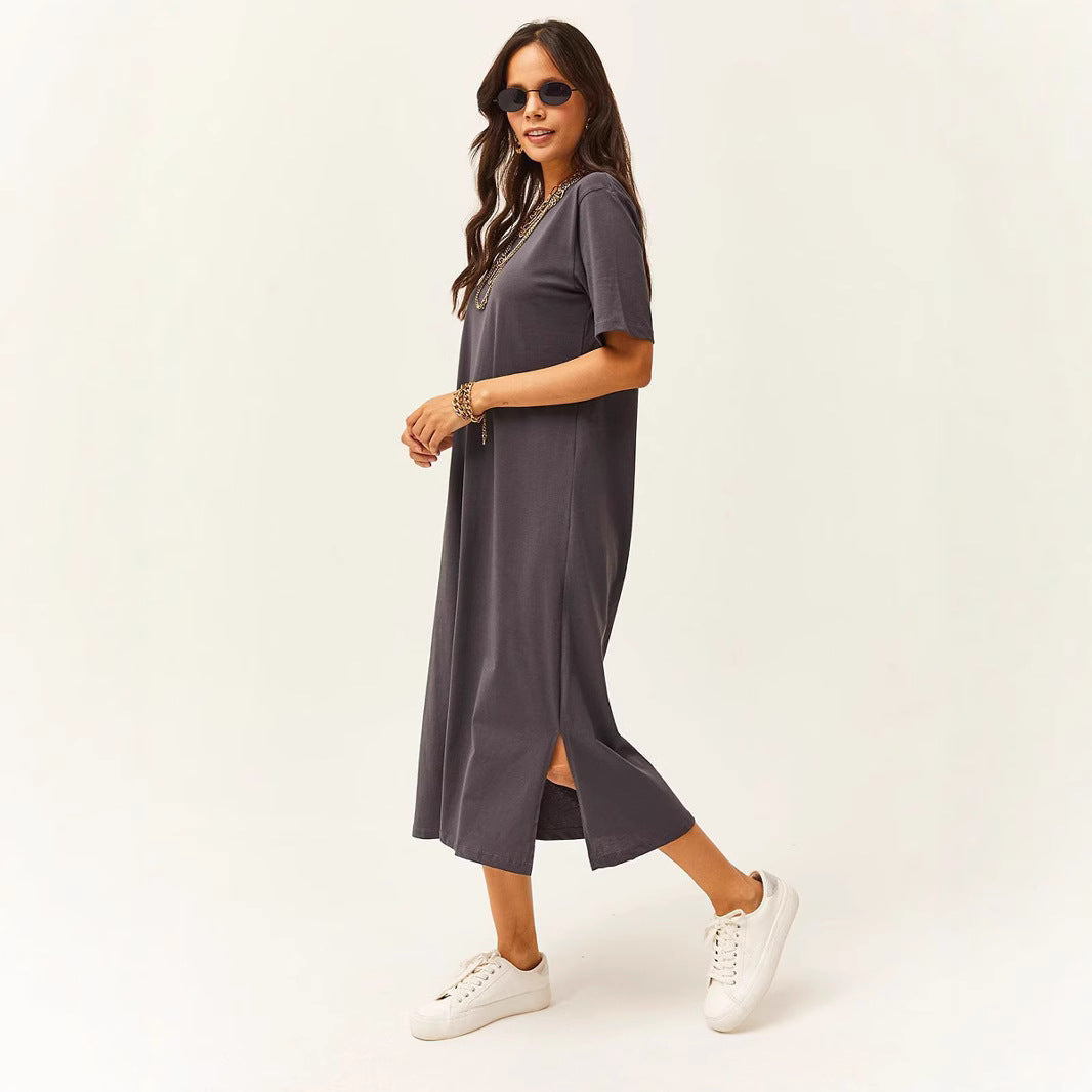 Damen schlichtes langärmliges Kleid mit seitlichen Schlitzen und komfortablem Schnitt R&B