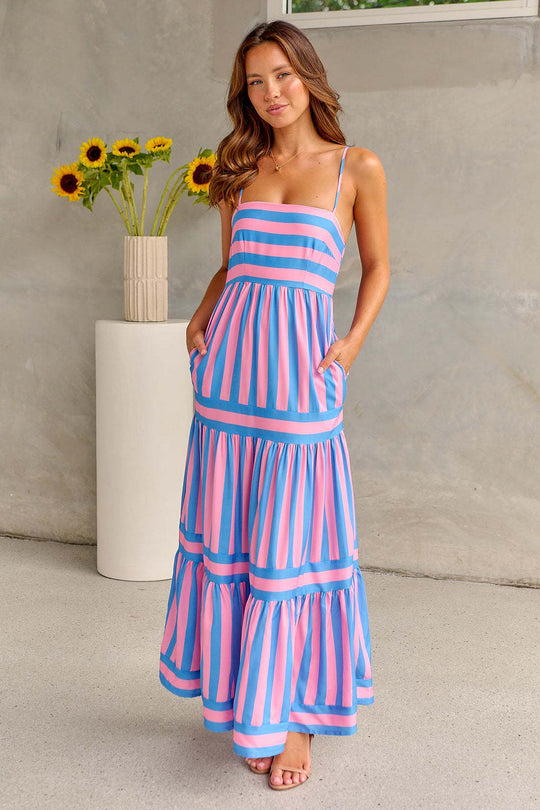 Damen Maxikleid mit Streifenmuster und fließendem Rock R&B