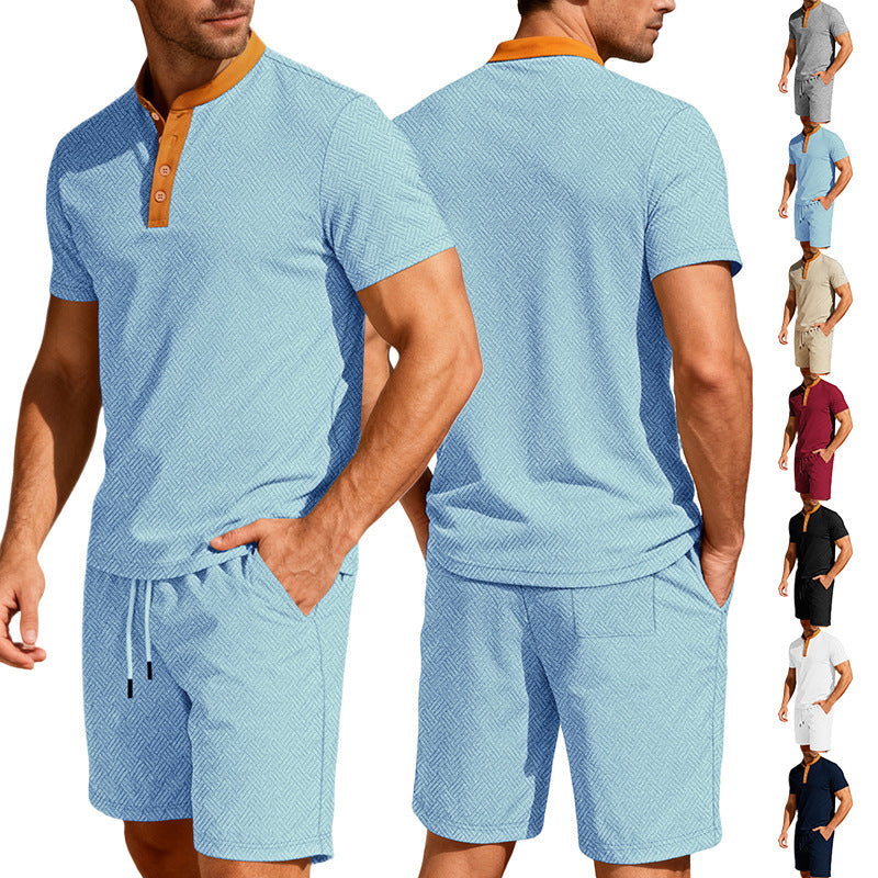 Herren nan maritimes Freizeit-Set mit feiner Wellenstruktur Stehkragenblende und Kordel-Shorts R&B