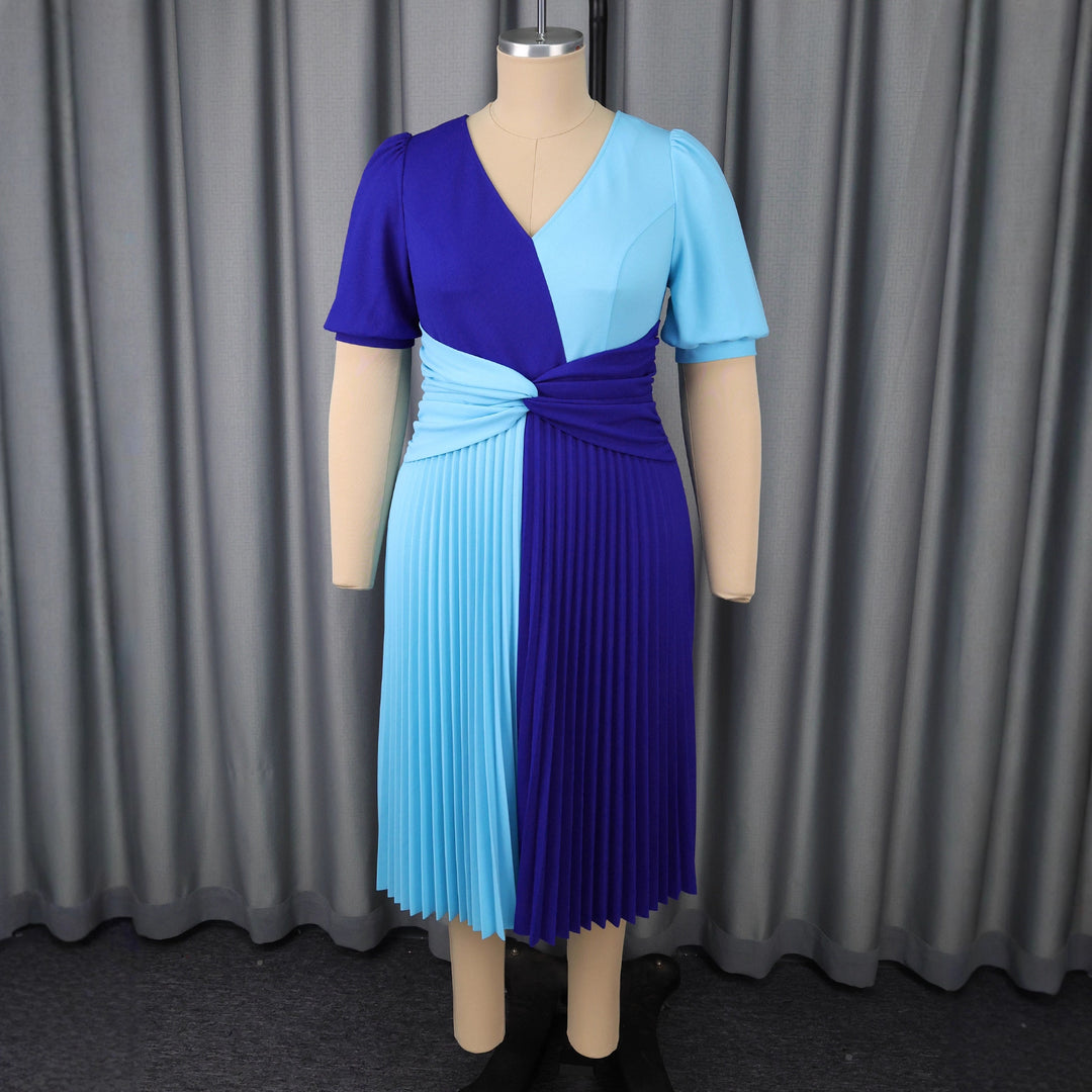 Damen plissiertes Midi-Kleid mit Farbblockdesign und Wickeloptik R&B
