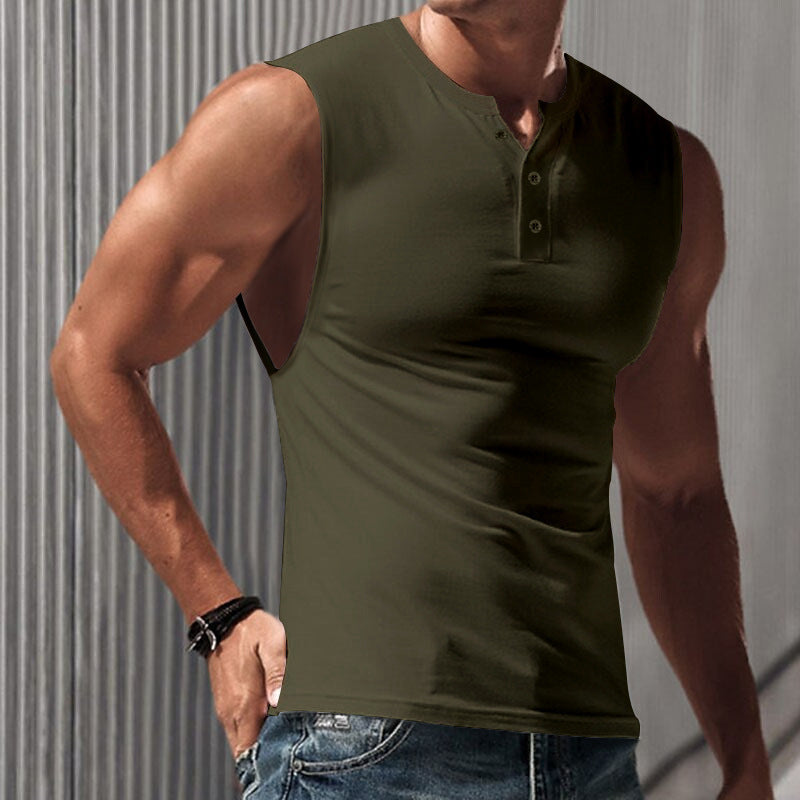 Herren nan ärmelloses Muskelshirt mit Henley-Knopfleiste, tiefem Armausschnitt und elastischem Baumwollmix R&B