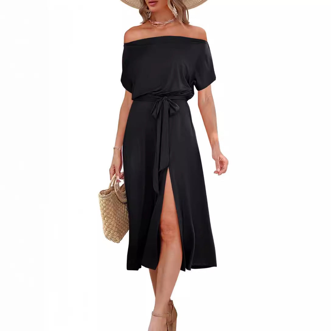 Damen Off-Shoulder Maxikleid mit Taillengürtel und seitlichem Schlitz R&B