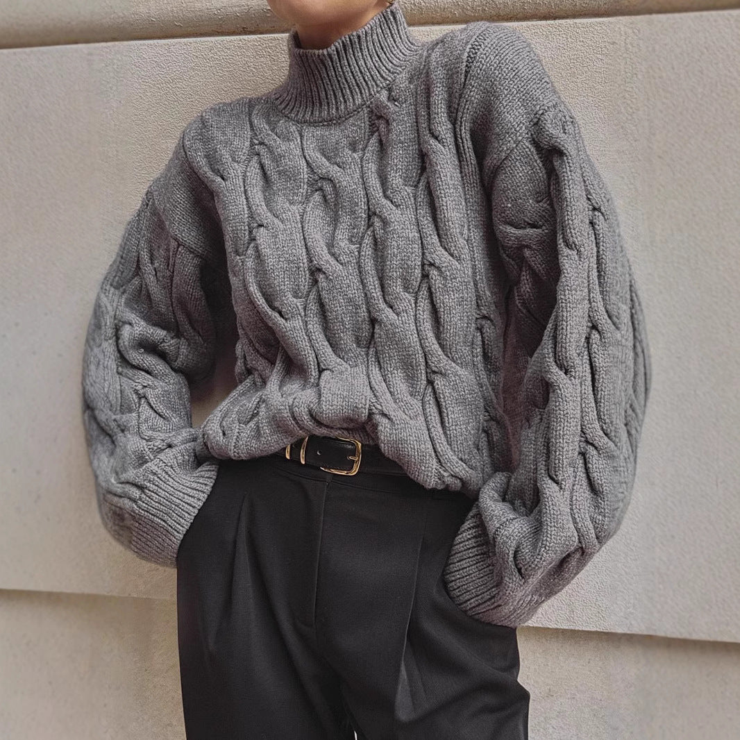 Damen Grobstrickpullover mit einem hohen Kragen und romantischem Zopfdesign R&B