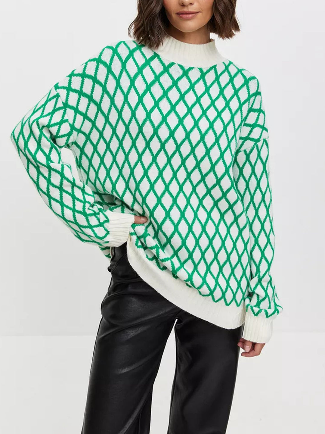 Damen lässiger Pullover mit modernem Rautenmuster und lässigem Schnitt R&B