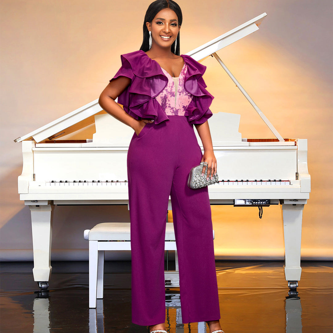 Damen eleganter Jumpsuit mit voluminösen Rüschendetails R&B