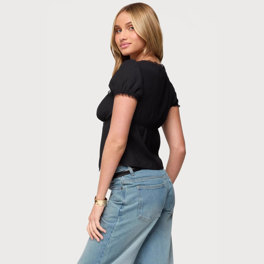 Damen Crop-Oberteil mit Spitzenbesatz und Schnürdetail R&B