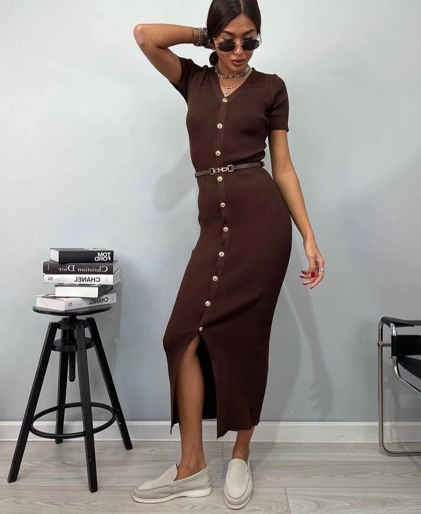 Damen Midi-Kleid mit strukturiertem Rippdesign und Knopfleiste R&B