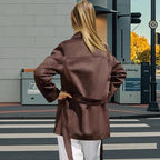 Damen modische Kunstlederjacke mit Taillengürtel und praktischen Taschen R&B