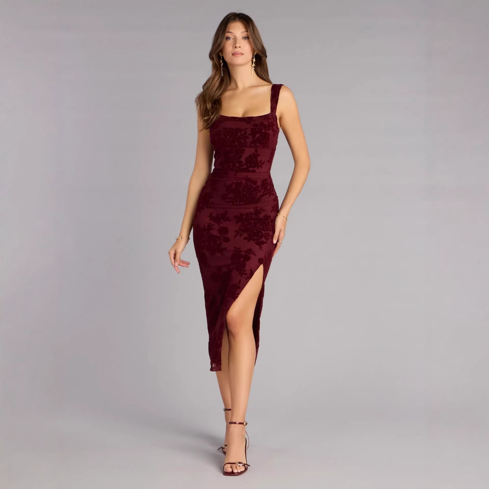 Damen Figurbetontes Kleid mit Spitzenmuster und Schlitz R&B