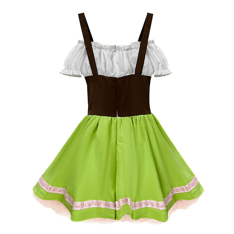 Damen nan verspieltes Trachtenkleid mit Carmen-Ausschnitt, Korsagen-Optik, Trägern und rüschiger Schürze R&B