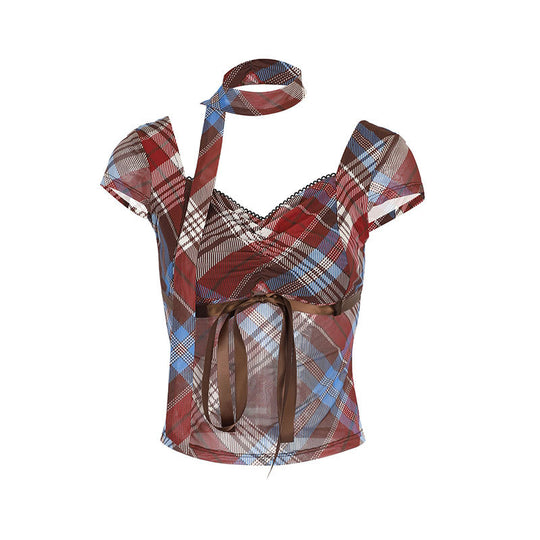 Damen Elegantes Karomuster-Bluse mit verstellbarem Bindegürtel und Spitzenakzenten R&B