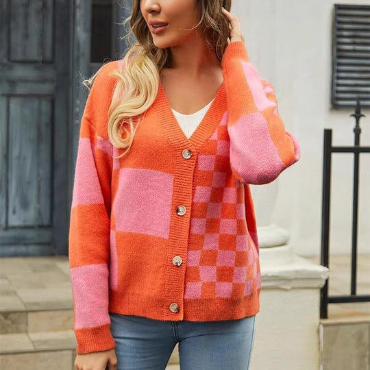 Damen modischer V-Ausschnitt Cardigan mit Karomuster R&B