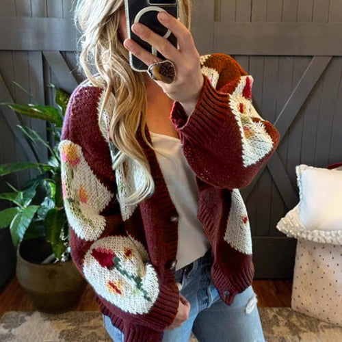 Damen Strickjacke mit floralem Muster und dekorativem Knopfdesign R&B