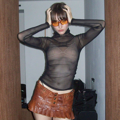Damen trendiges, transparentes Longsleeve-Oberteil mit Stehkragen und Designfalten R&B