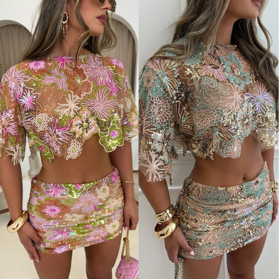 Damen Schimmerndes Mini-Kleid mit floralen Applikationen und transparenten Details R&B