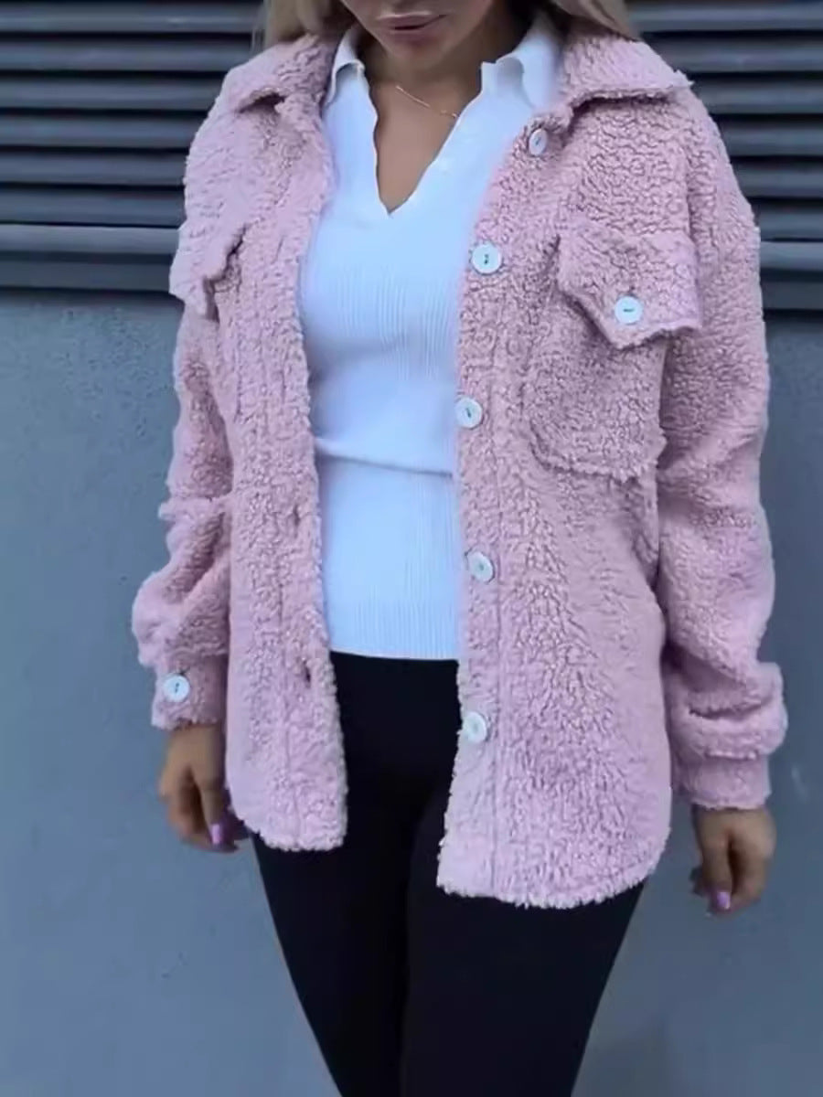 Damen Teddyjacke mit modischen Taschen und Knopfverschluss R&B